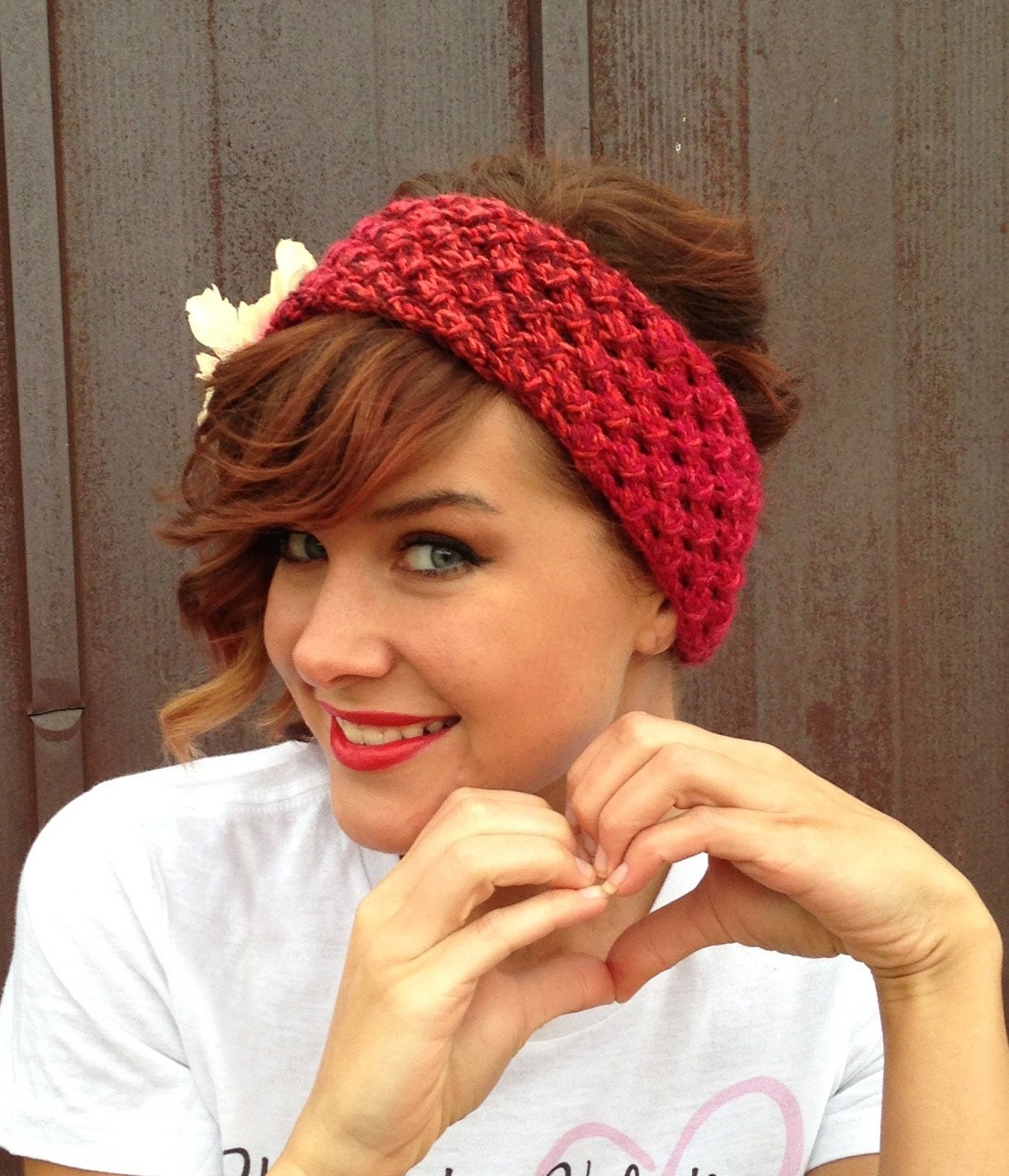Red Valentines Day Multicolor Tweed Striped Star Stitch Headband