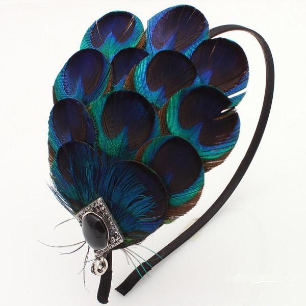 Peacock Feather Turquoise with Gemstone Rhinestone, Handmade Headband Hair Barrette Clip Necklace, Vintage Multi Way Bridal Wedding Women