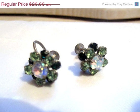 Art Deco AB Green Rhinestone Screw Back Earrings 1920s Vintage Jewelry