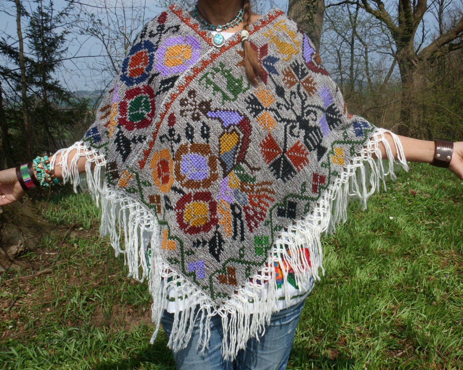 mexican handmade hippie folk art poncho ENCHANTED PEACOCK OOAK  woven embroidery Festival Vintage Style bohemian ethnic gypsy woodstock