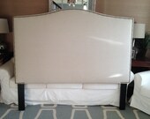 Queen Camelback Upholstered Headboard, Natural Linen, Antique Brass Nailhead