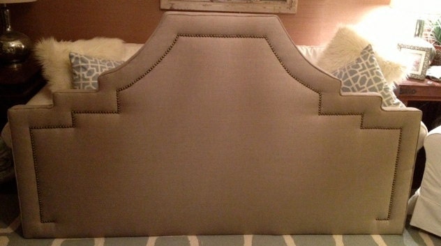 King Upholstered Double Notched Headboard, OATMEAL Linen, Antique Brass Nailhead