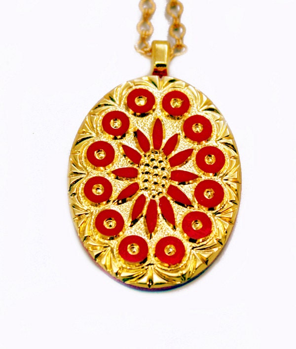 Carved Art Glass Necklace Red Gold Ornate Western Germany Handmade Necklace pendant Womens Jewelry Jewellery