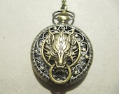 bronze Cloud Wolf head Pocket  Watch necklace in retro style sweater chain necklace pendant fashion