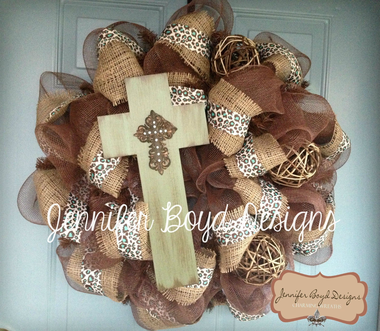 Rustic Western Turquoise and Brown Cross Mesh Wreath with Grapevine Balls, Burlap and Leopard/Cheetah Ribbon
