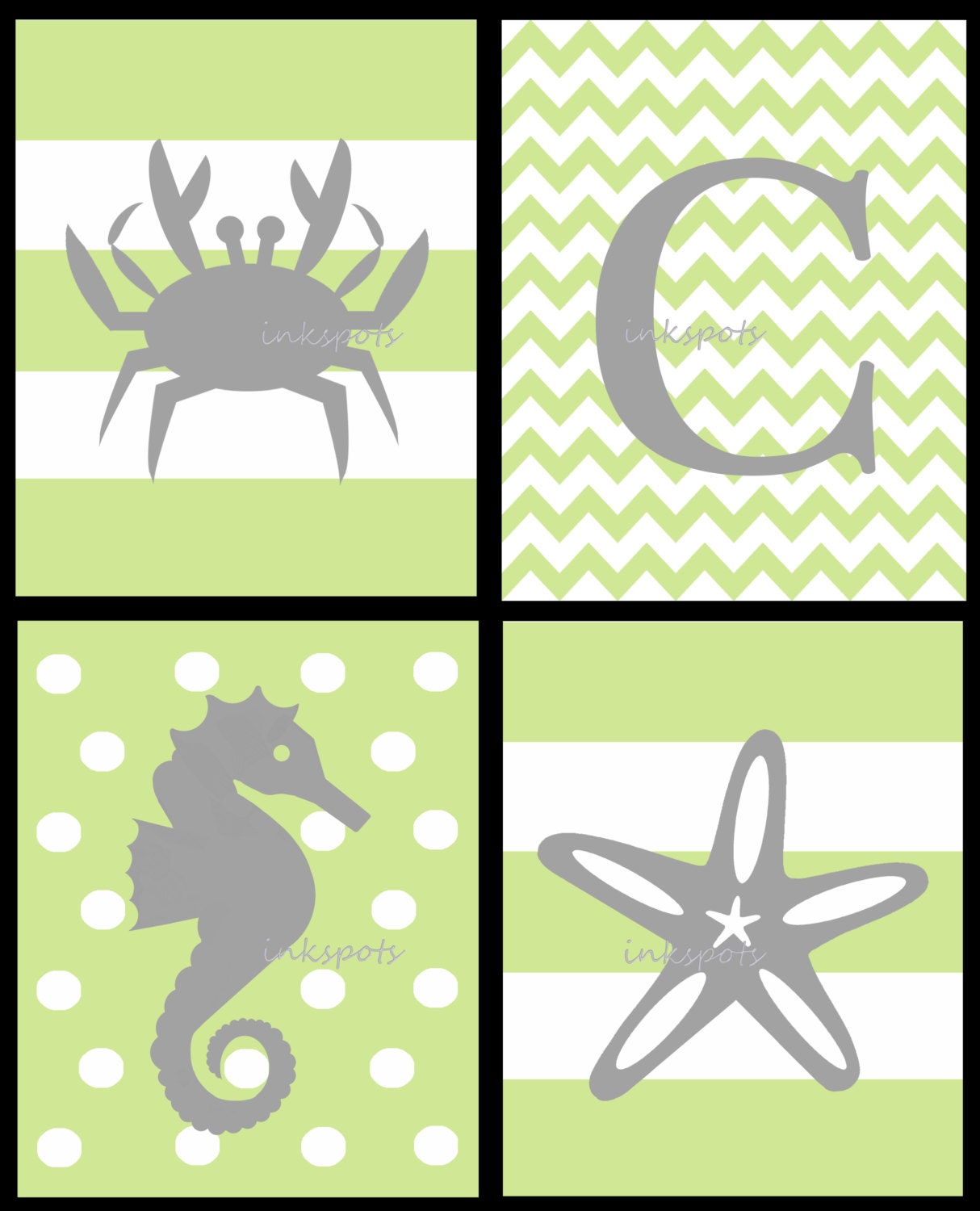 Nautical Nursery Prints - Kids Nautical Wall Art -Chevron Monogram Wall Art - Crab Seahorse Starfish Prints - 4 8 x 10 Prints