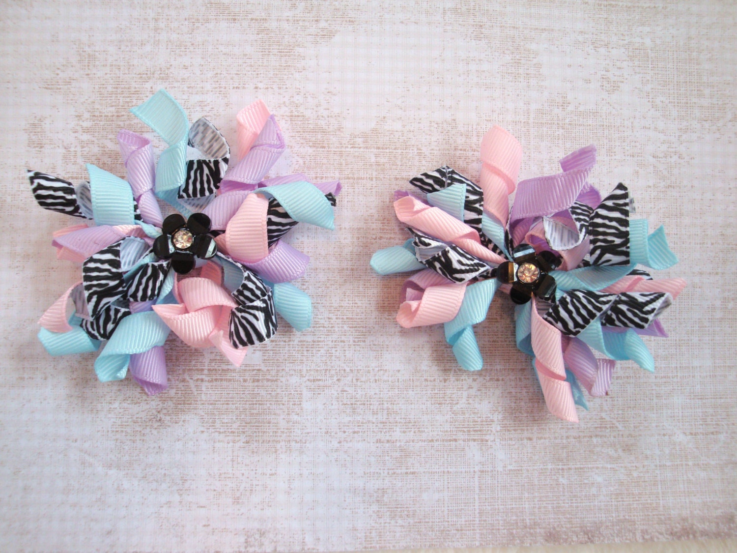 Pink White Purple Blue Zebra Print Corker Ribbon Bow, Black Flower Clip, Baby Girl Hair Bow, Toddler, Child, Adult,Animal Print Barrette