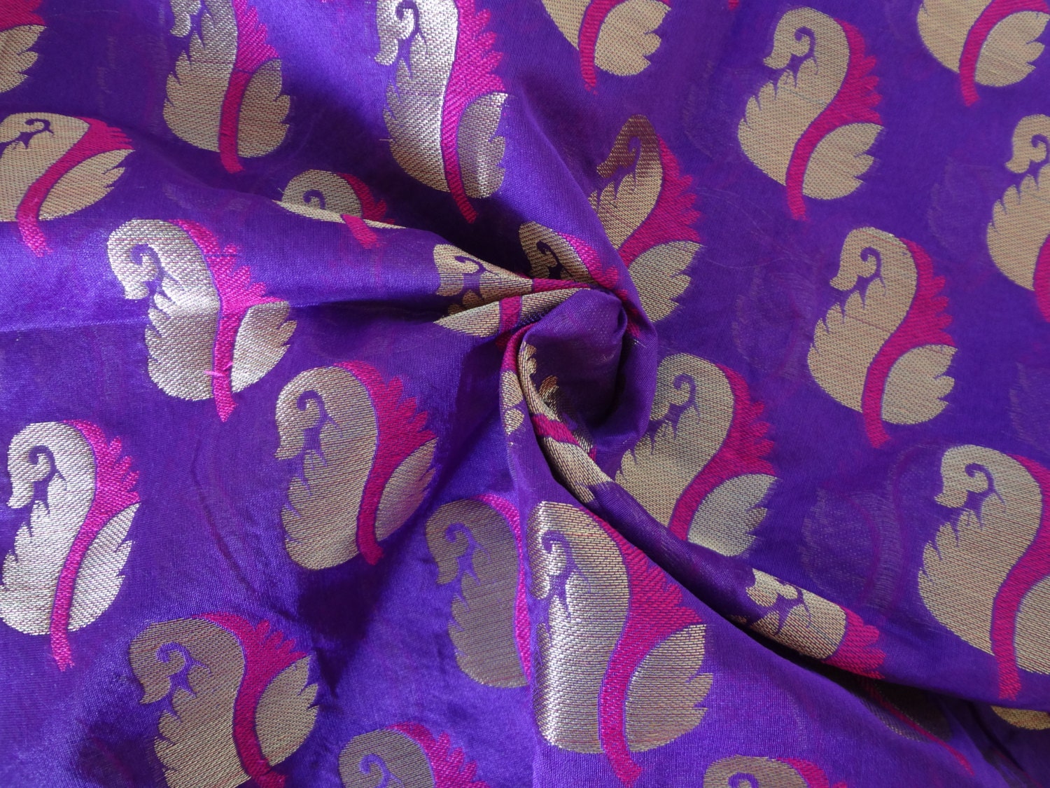 purple with golden zari leaves chanderi cotton silk fabric fat quarter india
