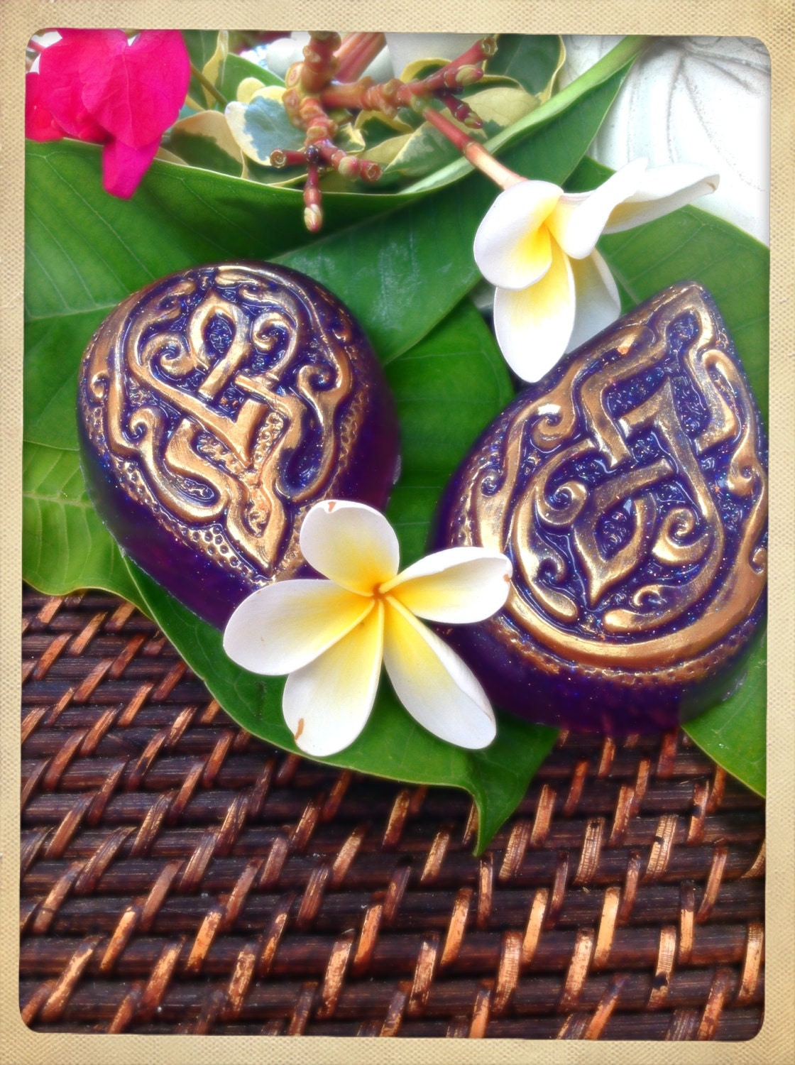 Celestial Rain - oppulent Batik glittered purple & gold brushed tropical jasmine, rice flower with shea scented olive oil soap