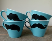 SUMMER SALE - Mustache Mugs, Set of Four Mugs, Turquoise Mugs, Housewarming Gift, Groomsmen Gift