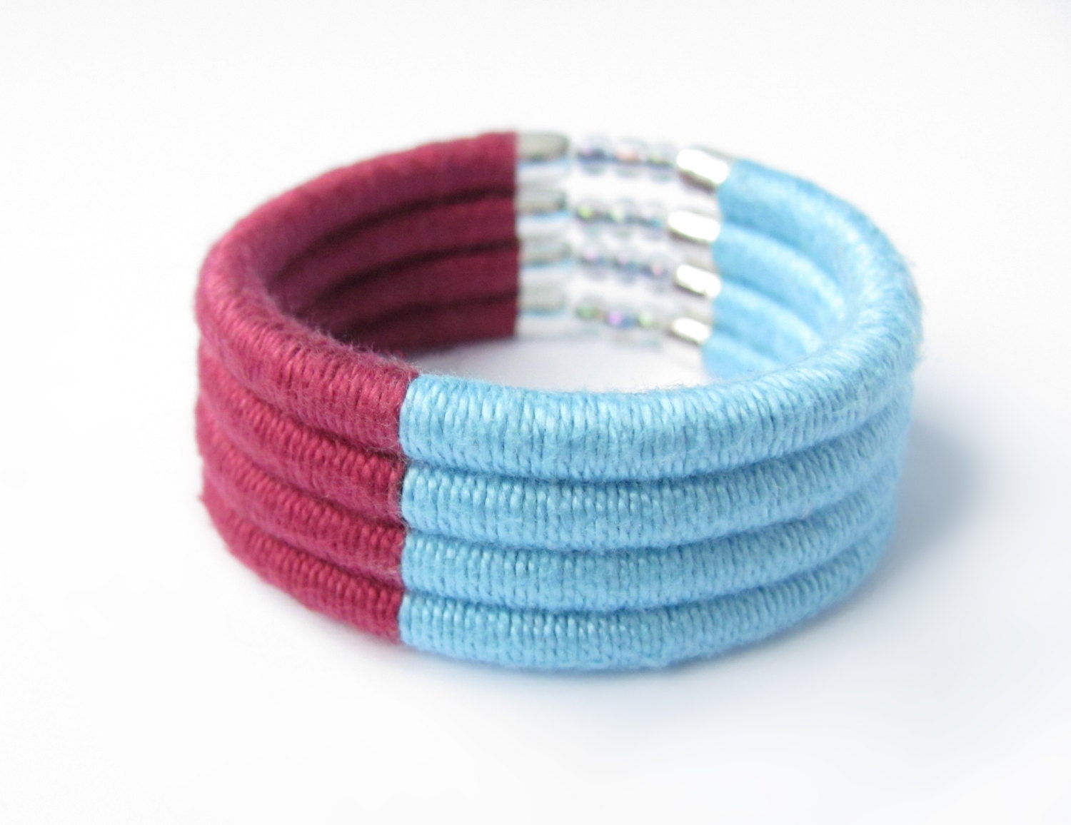 SALE 20% Sky Blue Wine Yarn Wrap Bracelet, Light Blue Dark Cherry Thread Bracelet, Fiber Wrapped Bangle Bracelet, Cotton Bracelet