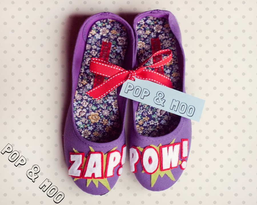 Comic book ballet flats / Funky kawaii ladies shoes / Purple canvas quirky comics footwear UK Size 4 (EUR 37, US 6) by Pop and Moo.
