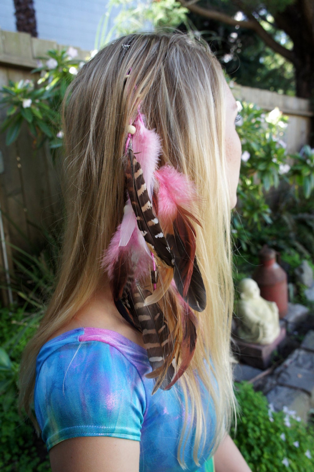 Feather Hair Extension Clip. 'Love Warrior'. With Pink, Bronze & Orange. Tribal, Hippie, Boho, Bohemian, Native American