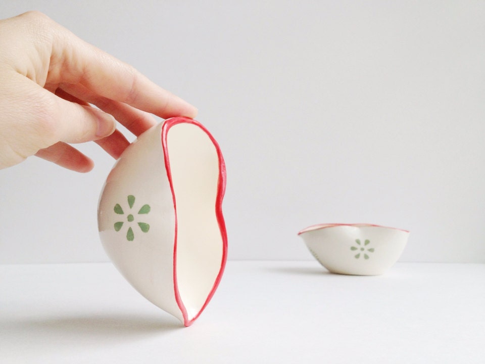 Mint green and Red Creamer Bowl- Ceramics and Pottery - Shabby Chic Decor