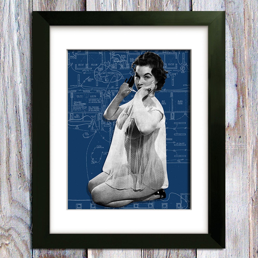 RETRO NIGHTIE BABE. girlie mag. blueprint. boobs. adult. mature. manly. vintage smut. blue. kitsch. sexy. man cave art. fun. kinky.