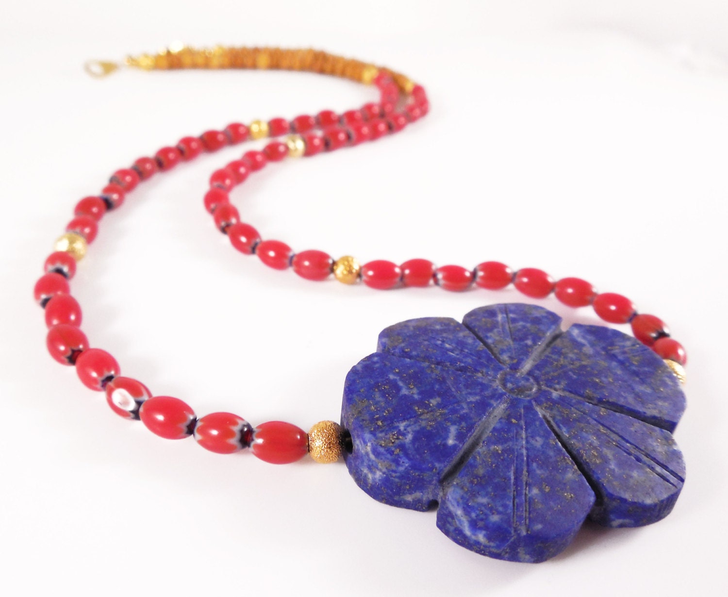 Pretty Blue flower lapis lazuli handmade beaded necklace with glass red chevron beads, beadwork, Mother's Day