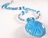 Children's blue beads round glass lampwork pendant beaded necklace, beadwork