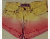 Handmade Upcycled Denim Jean Dip Dyed Sunrise Yellow to Pink Ombre Cutoff Summer Shorts Made to Order