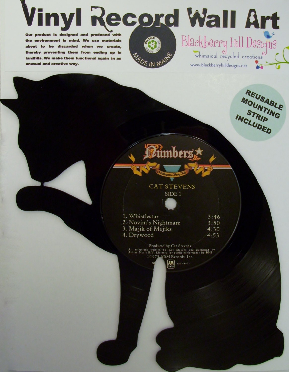 Recycled Vinyl Record CAT LICKING PAW Wall Art - SecondSpinDesigns