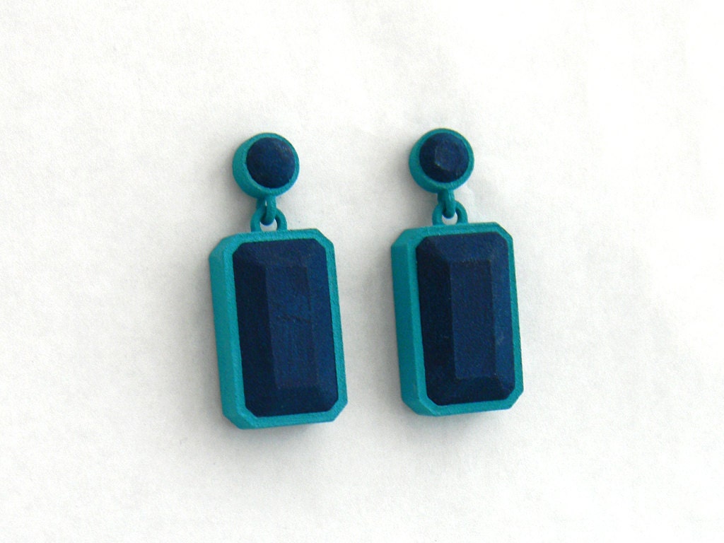 Emerald Cut Dangle Earrings in Teal/Blue