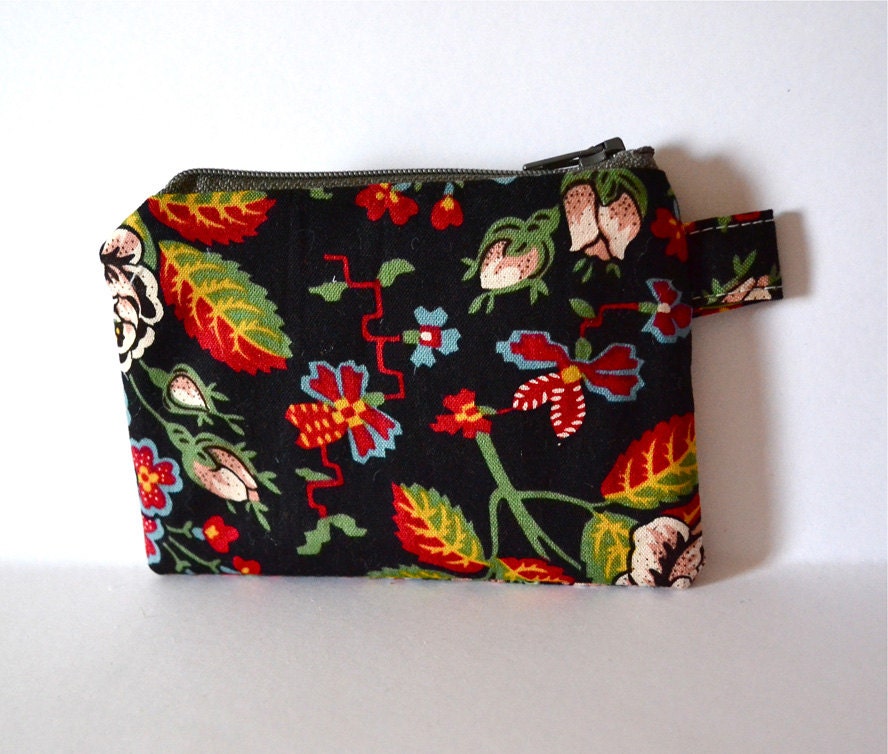 Bohemian Holiday ... black red yellow green lined cotton zipper pouch wallet