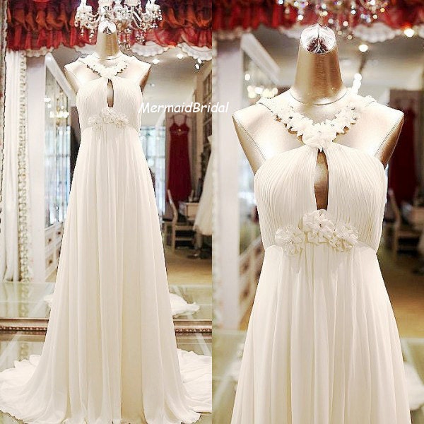 Ivory Simple Chiffon A-line Beach/Destination Wedding Dress,sexy wedding dress, Wedding gown with handmade flowers