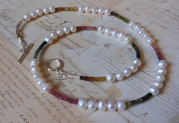Gemstone Necklace.Handmade Jewellery. Tourmaline. Freshwater Pearl. Sterling Silver. Longer length. Spring/Summer Statement Necklace. SRAJD
