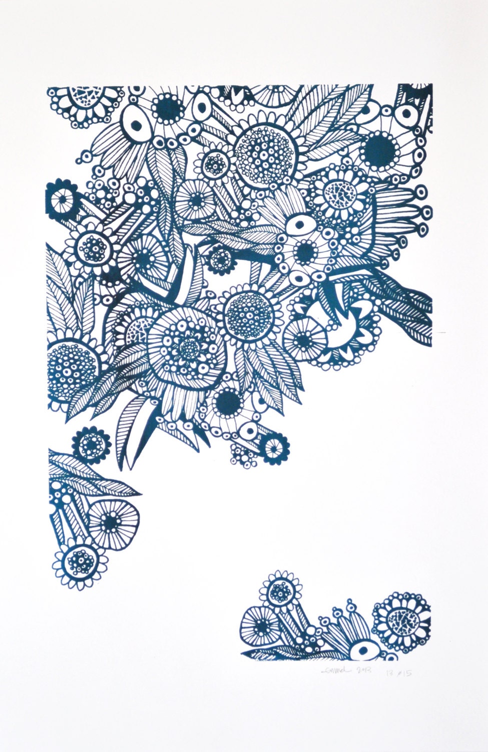 Chicken Flower Serigraph, Limited Edition 12x18 Print in Peacock Blue