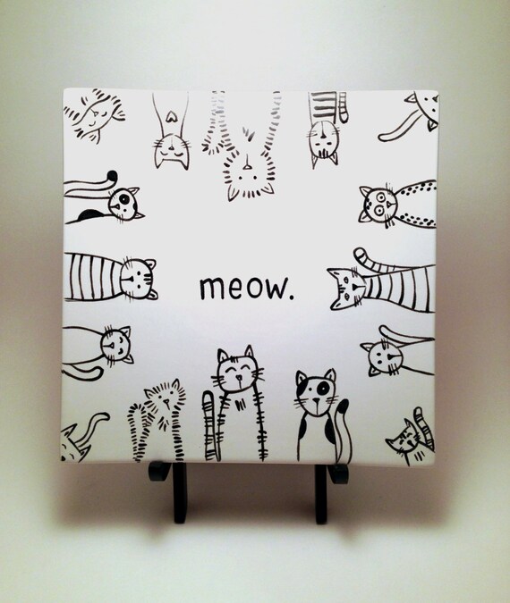 Meow Multi Cat Black and White Tile
