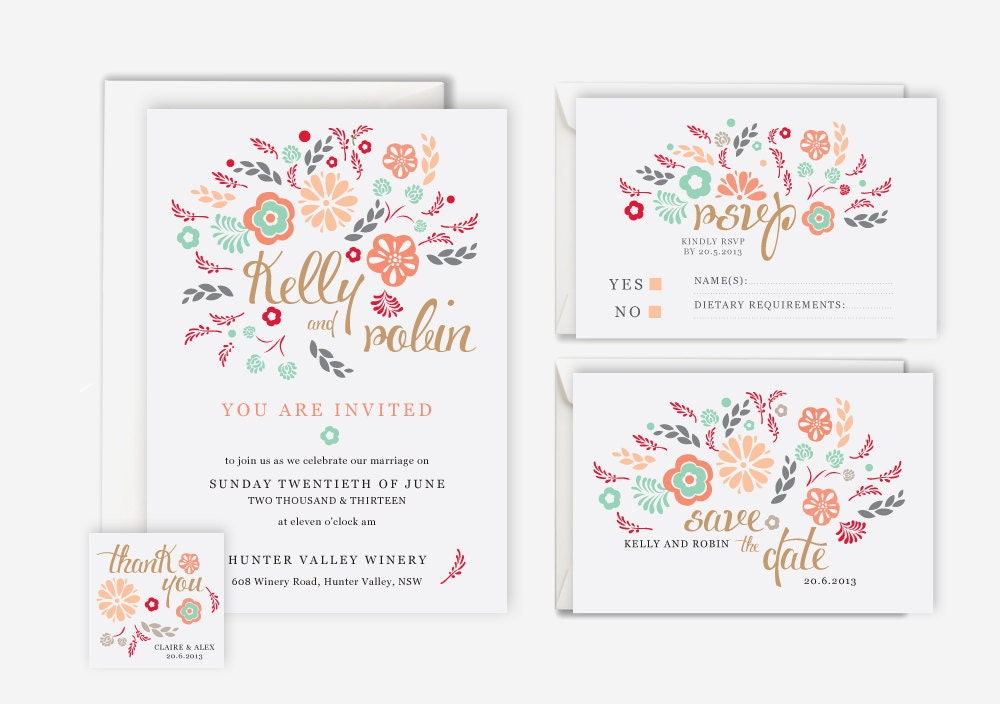 Pink and Mint Floral Wedding Invitation Suite (Printable) - save the date, rsvp, reply, favor tag, wedding stationery set Il_170x135