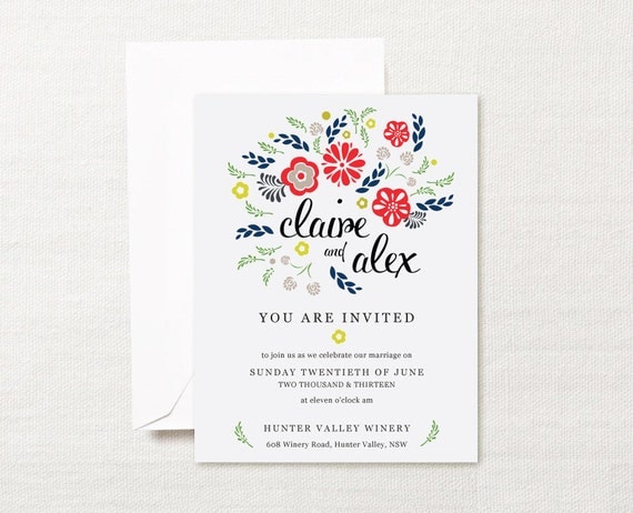 Navy and Red Floral Summer Printable Wedding Invitation - wedding invite and matching rsvp / reply card set Il_570xn