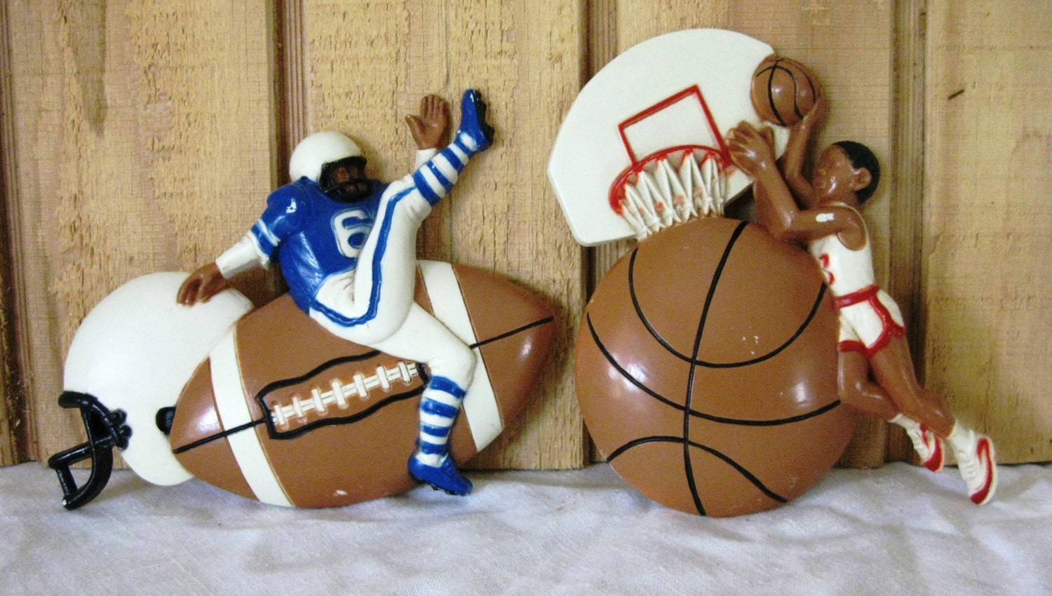 Vintage molded Sports Wall plaques, Basketball and Football, Burwood Products, very cute for a boys room or game room