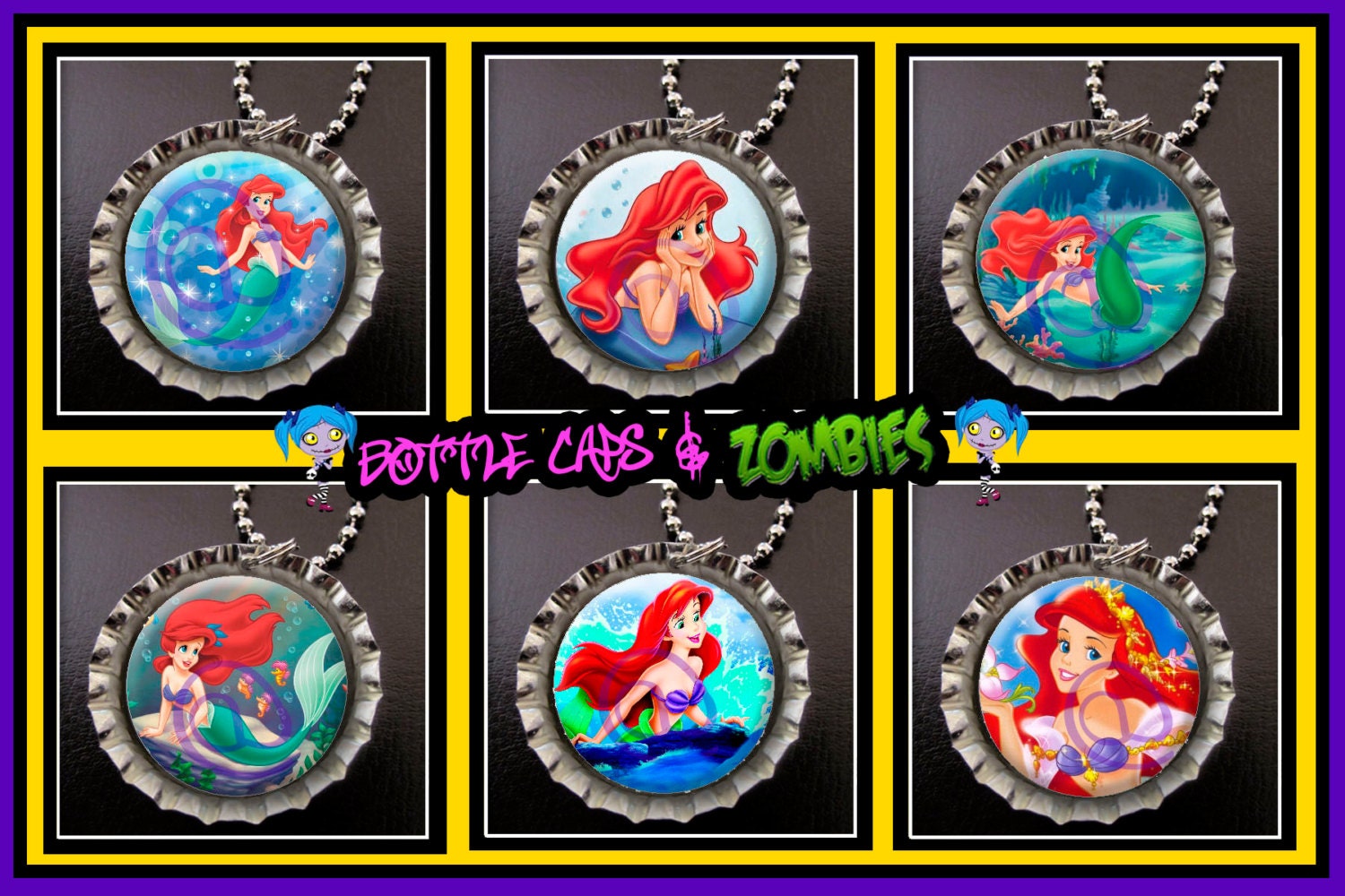 Ariel the Little Mermaid Bottle Cap - Party Pack of 6 - Your choice of necklace, key chain ring or zipper clip - Birthday Party Favors