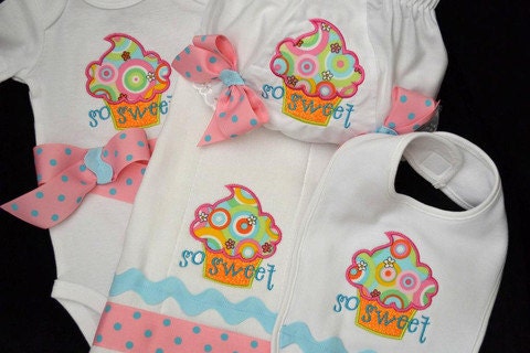 Personalized Monogrammed Bodysuit Onesie, Bib, Burp, and Diaper Cover Bloomers Baby Boys Girls Toddler Applique Embroidery Cupcake so sweet