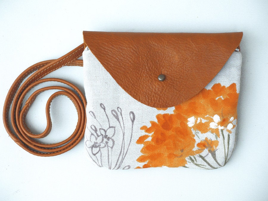 iPhone Messenger Bag, iPhone Pouch, Mini Leather and Canvas Bag, Floral Print Leather Purse, Cognac Leather Bag, Gift for Mom / Summer Find