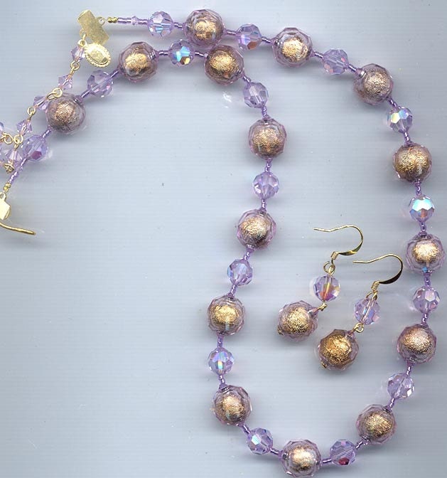 Gorgeous necklace and earring set - violet crystals and foiled lucite