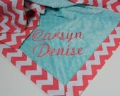 ADD a NAME for FREE - Minky baby blanket in hot pink Riley Blake chevron and tiffany blue dimple dot minky.