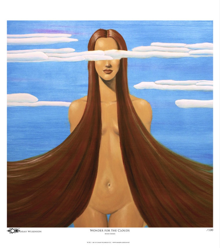 Art print by Sarah Wilkinson, "Wonder For The Clouds" 16"x18" Oil painting, clouds, portrait, hair, blue
