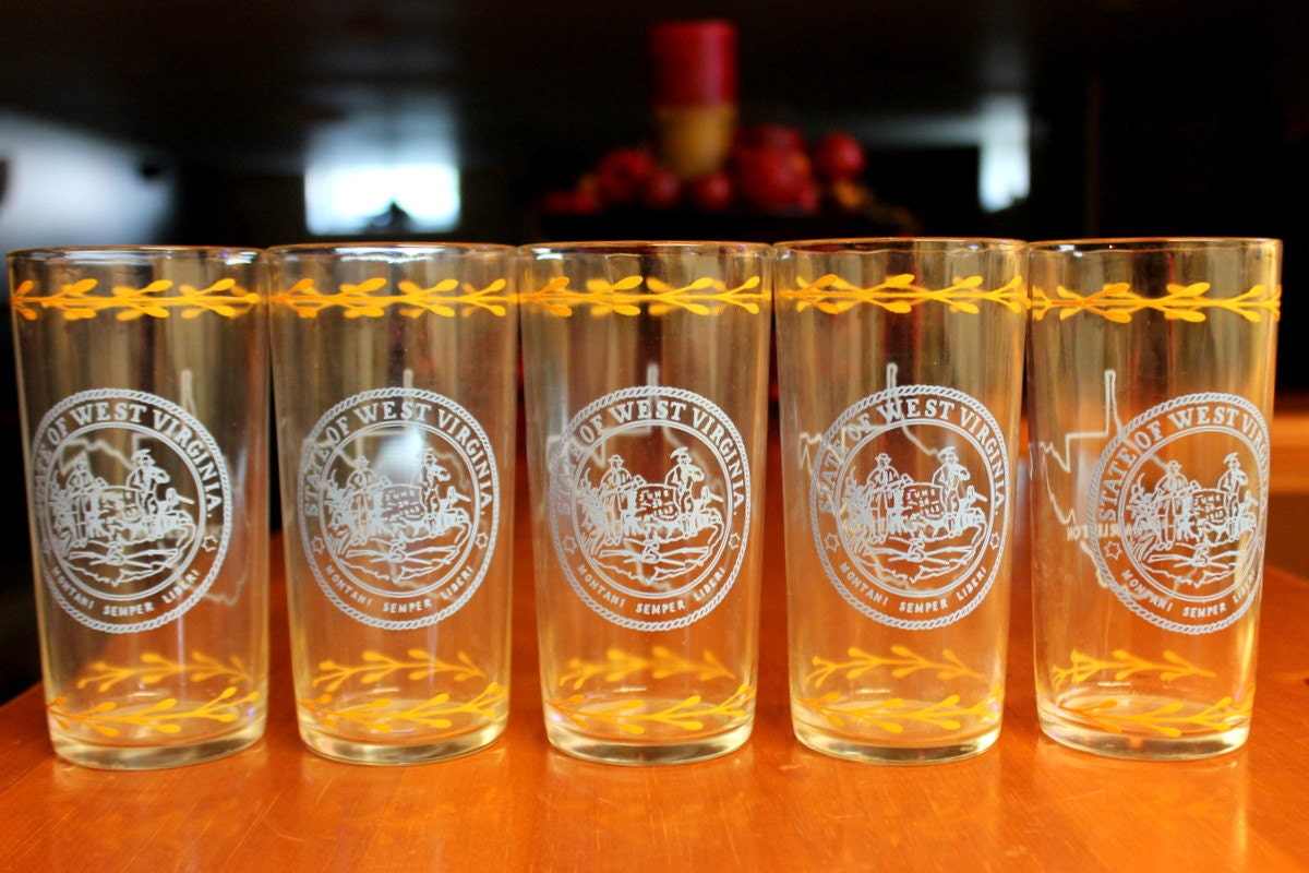 Set of  Five 5 Vintage State Seal of West Virginia Montani Semper Liberi  Drinking Glass