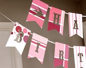 Happy Birthday 2 Tier Banner- Pink, magenta, pastel, white. Whimsical party home decor. Paper garland prop. Girlie, cute, circus, birds.