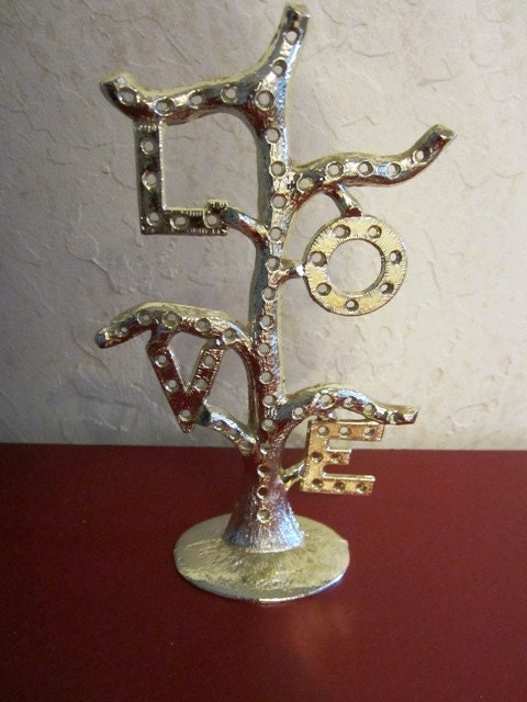 Retro Kewl L O V E Love Earring Tree Gold Toned Jewelry Holder