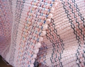 rag rug pink 53" x 25" handwoven rug soft pink with white border throw rug fringes 9