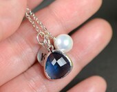 Bridesmaid Jewelry Wedding Bridal-Bridesmaid gifts,pearl ,initial leaf ,stone bezel ,sapphire blue ,personalized NECKLACE ,monogrammed gifts