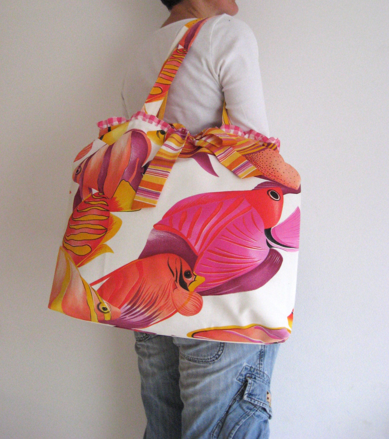 Bright colors pink purple yellow orange fish tote reusable large market groosery  shoulder bag purse handbag Summer  beach fashion