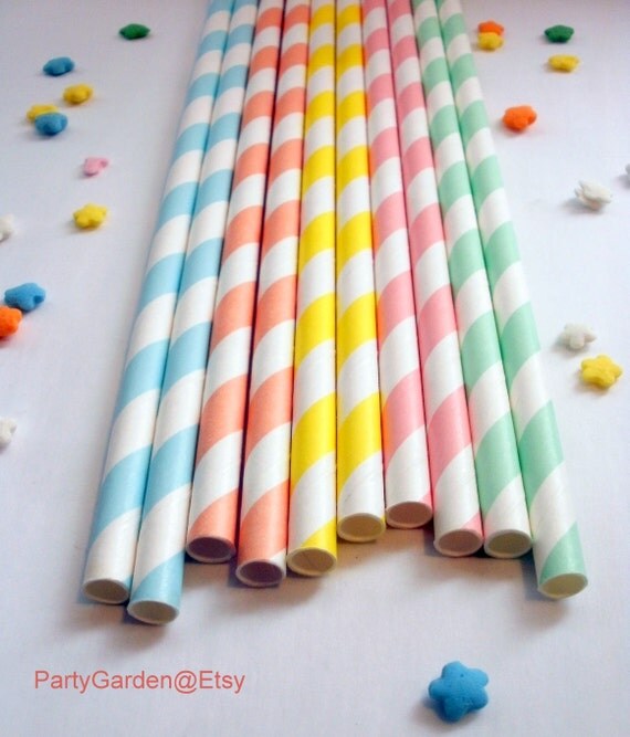 50 Pretty Pastel Rainbow Paper Straws - With Free Printable DIY Flags Il_570xn
