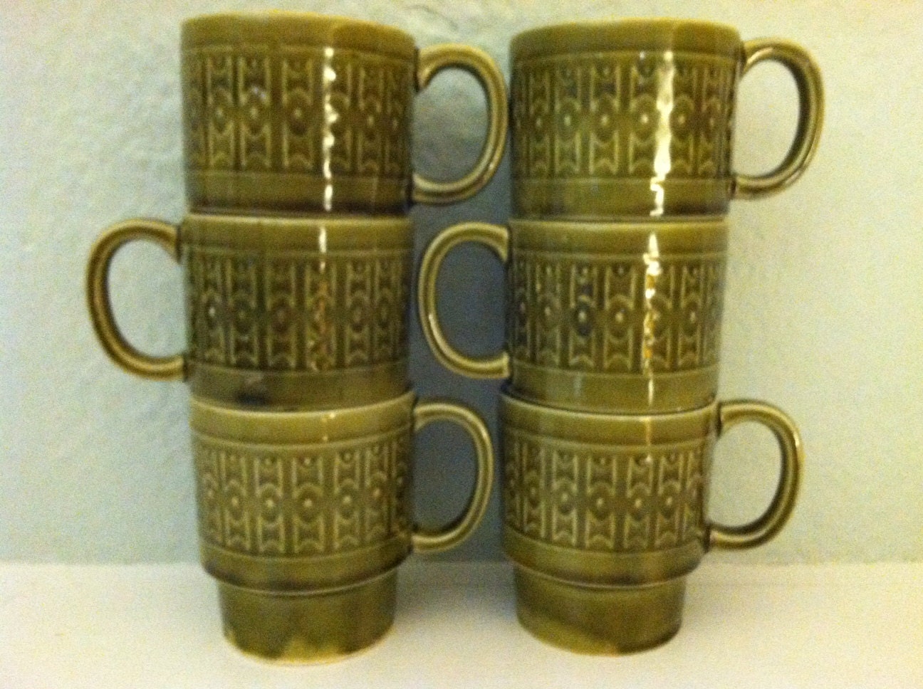 Set of 6 Mid Century Modern Vintage Stacking Mugs Cups in Dark Olive Green Made in Japan