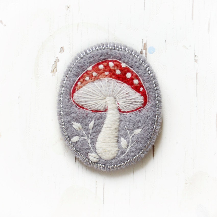 toadstool , mushroom , brooch , needle felted , embroidered ,felt ,