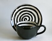 Quirky Spiral Latte Mug and Saucer Set - Black and White - Hand painted - Ready to Ship