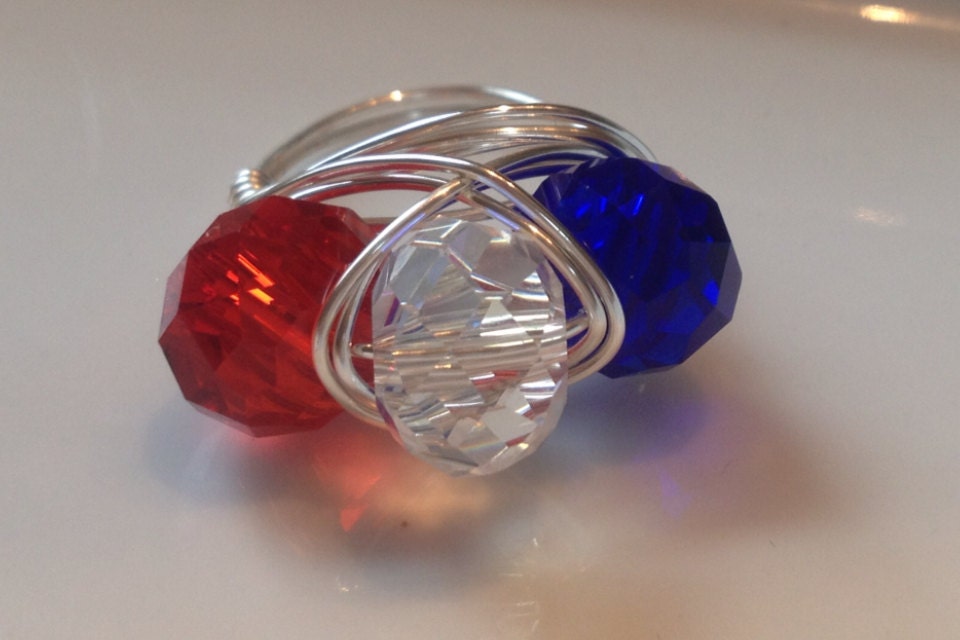 Miss America Red white and blue crystal patriotic 4th of July Americana wire cocktail ring made to order 