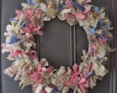 Shabby Chic Style Handmade Country Girl Fabric Rag Wreath - Beautiful patterned fabrics - pinks, blues, tan
